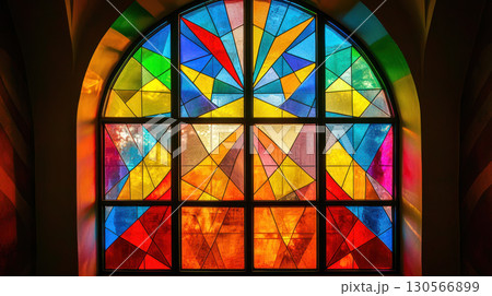 Colorful stained glass window with geometric patterns and vibrant hues, creating joyful atmosphere 130566899