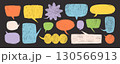 Crayon speech bubble vector set in orange, yellow, blue and green on dark blackboard background. Hand drawn text box elements with textured fill. Use for kids prints, comics, creative posters 130566913