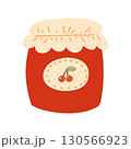 Vector autumn jam. Cherry jam, in jar, fall element for stickers, scrapbooking, and patterns. Hand-drawn style. Hello, autumn. 130566923