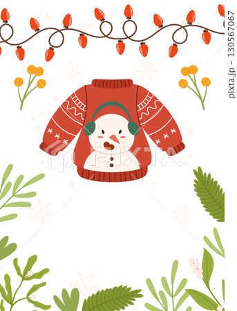 Festive Poster template frame featuring a red Christmas sweater with a snowman design, string lights, greenery, berries, and snowflakes on a white background. 130567067