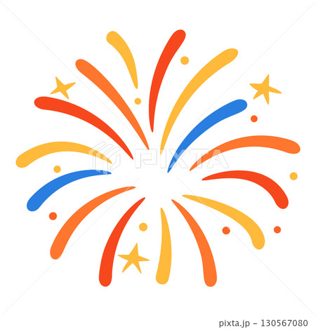 Multicolored firework with curved lines and stars in cartoon flat style 130567080