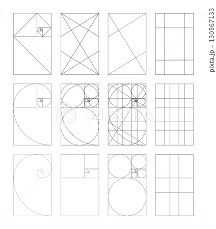 Golden ratio set. Method golden sections theory. Fibonacci array and numbers. Harmony proportions. Outline template. Vector graphic illustration. Golden ratio set. Method golden sections theory. Fibonacci array and numbers. Harmony proportions. Outline template. Vector graphic illustration. 130567133