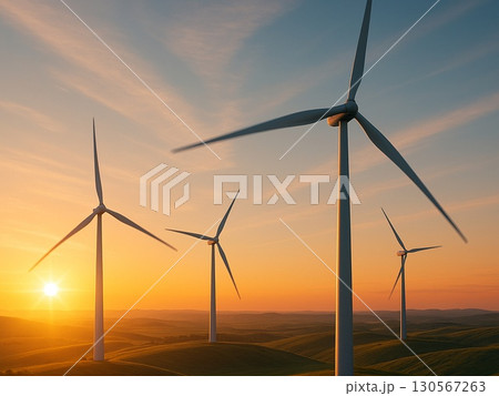 夕日に照らされる風力発電機 夕日に照らされる風力発電機 130567263