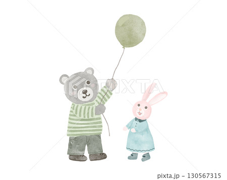 水彩で描いたかわいいクマとうさぎのメルヘンなイラスト素材 130567315