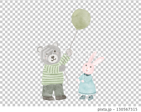 水彩で描いたかわいいクマとうさぎのメルヘンなイラスト素材 130567315