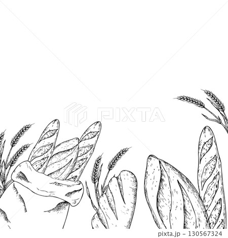 Vector hand drawn baguette and ciabatta in a rustic craft bag.Detailed liner sketch perfect for food blog illustrations. Minimalistic outline for artisan bakery design isolated on background. For Vector hand drawn baguette and ciabatta in a rustic craft bag.Detailed liner sketch perfect for food blog illustrations. Minimalistic outline for artisan bakery design isolated on background. For 130567324