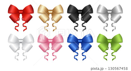 Set of 3d colorful shiny ribbon bow on white background vector illustration, 130567458