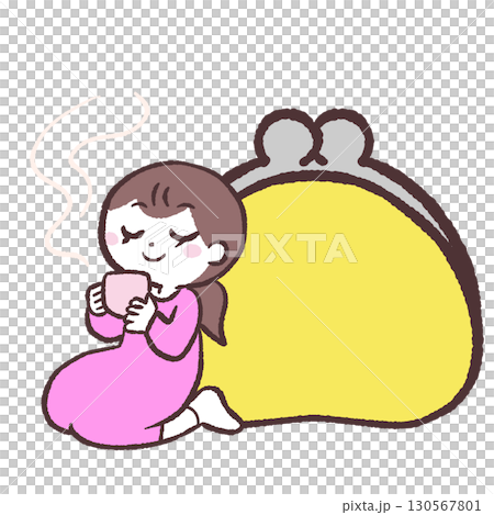 Illustration of a woman drinking tea next to her wallet 130567801