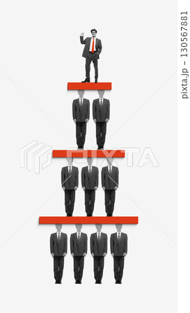 Surreal collage. Business hierarchy pyramid with leader standing on top red platform Surreal collage. Business hierarchy pyramid with leader standing on top red platform 130567881