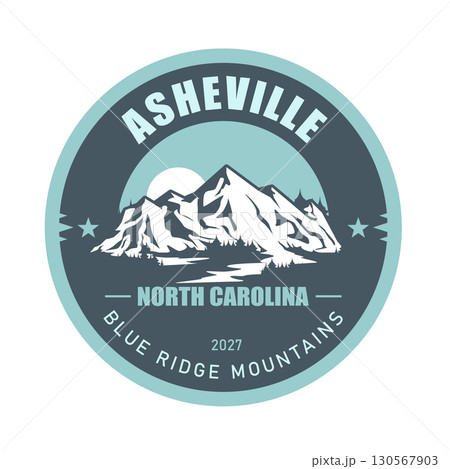 Asheville ski resort, North Carolina, Blue Ridge Mountains USA, emblem with snow-covered mountains, vector 130567903