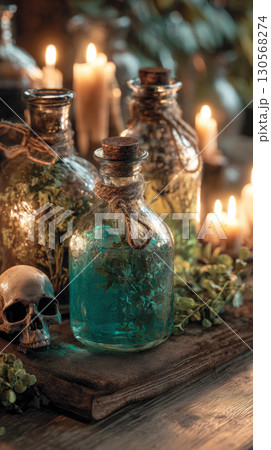 Glass bottles filled with vibrant blue potions are surrounded by skulls and flickering candles. The setting captures the essence of Halloween festivities in a cozy autumn environment 130568274