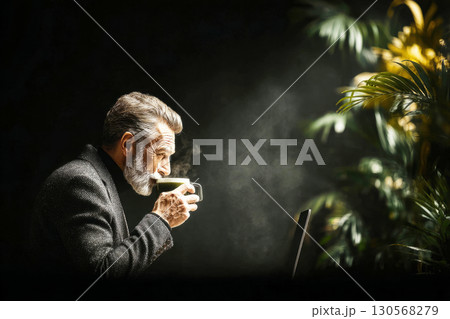 A man savors a steaming cup of matcha while engaged in work at a coworking space. The cozy atmosphere features lush greenery and a focused ambiance that enhances productivity A man savors a steaming cup of matcha while engaged in work at a coworking space. The cozy atmosphere features lush greenery and a focused ambiance that enhances productivity 130568279