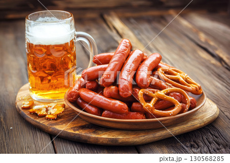 Savoring delicious sausages and freshly baked pretzels alongside a cold beer during Oktoberfest in a rustic autumn atmosphere, surrounded by warm wooden decor Savoring delicious sausages and freshly baked pretzels alongside a cold beer during Oktoberfest in a rustic autumn atmosphere, surrounded by warm wooden decor 130568285