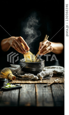 Hands skillfully prepare matcha using a bamboo whisk in a dark, tranquil environment. Steam rises from the bowl, emphasizing the meticulous process of creating this vibrant green tea 130568346