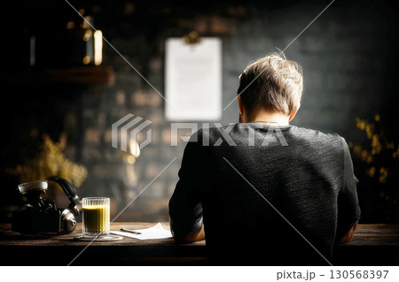 A person sits at a wooden table in a warm coworking space, sipping matcha. Notes are spread out as soft ambient light creates a quiet, productive atmosphere 130568397
