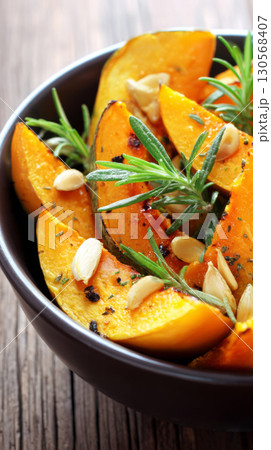Bright orange slices of pumpkin are elegantly arranged on a dark plate with fresh garlic and rosemary alongside. This rustic display captures the essence of autumn cuisine 130568407