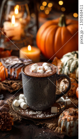 A warm cup of hot chocolate, topped with fluffy marshmallows, sits on a soft blanket surrounded by vibrant autumn pumpkins and Halloween decorations, embodying fall's cozy spirit 130568411