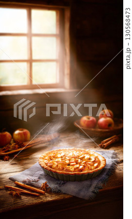 Delicious apple pie sits on a rustic wooden surface surrounded by fresh apples and cinnamon sticks, evoking the warmth and joy of fall cooking in the kitchen 130568473