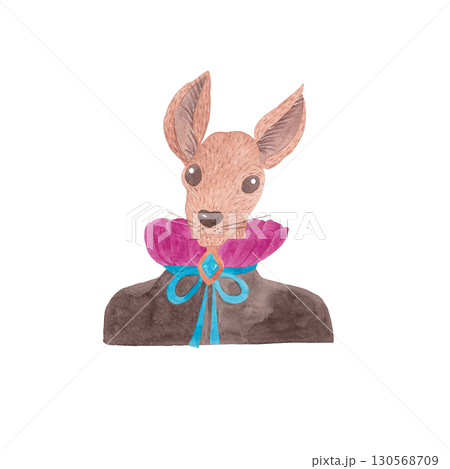 Portrait of a deer in a dark brown shirt with a lush pink jabot. Watercolor illustration of an animal in fancy clothes for children's product design Portrait of a deer in a dark brown shirt with a lush pink jabot. Watercolor illustration of an animal in fancy clothes for children's product design 130568709