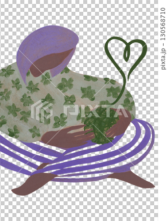 Acrylic painting with your own hands. A woman in a sweater and striped leggings holds a ball of thread in her hands 130568710