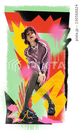 Modern poster. Female model in checkered outfit posing with colorful graffiti background 130568824