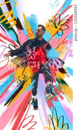 Bold colorful poster. Male model in red shirt jumping with colorful artistic abstract graffiti background Bold colorful poster. Male model in red shirt jumping with colorful artistic abstract graffiti background 130568882