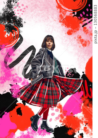 Collage of female model in red plaid skirt and leather jacket with artistic paint splash background Collage of female model in red plaid skirt and leather jacket with artistic paint splash background 130568883