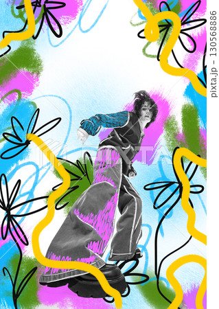 Creative collage. Fashion model in oversized jeans and colorful artistic background with bold emotion 130568886