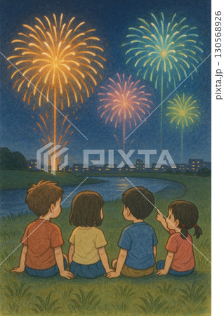 打ち上げ花火をみる子供たち 130568926