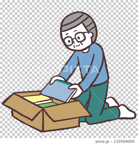 Illustration of a senior man putting things away in a box Illustration of a senior man putting things away in a box 130569000