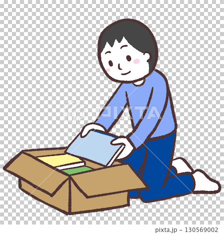 Illustration of a man putting things away in a box Illustration of a man putting things away in a box 130569002