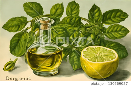 A glass bottle of essential oil with fresh limes, known for its vibrant citrus scent and versatile use in cosmetics and spa treatments. AI Generated 130569027