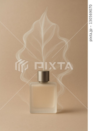 Perfume bottle with leaf-shaped smoke trail, minimal still life 130569070