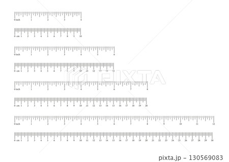 Set of scale, ruler with 10, 15, 20, 30 centimeter, 4, 6, 8, 12 inches with markup and numbers. Measuring charts of metric, imperial units. Distance, height, length measurement, sewing tool template. 130569083