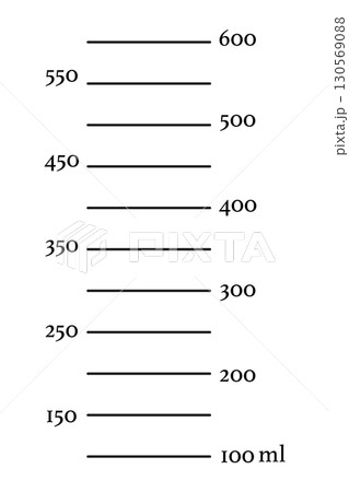 Scale 600 milliliters liquid volume for kitchen measuring cups or chemical experiments beaker in the laboratory. Vector illustration.  130569088