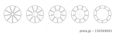 Wheels round divided in nine sections. Outline donut charts or pies segmented on 9 equal parts. Diagrams infographic set. Circle section graph line art. Pie chart icons. Geometric vector elements. Wheels round divided in nine sections. Outline donut charts or pies segmented on 9 equal parts. Diagrams infographic set. Circle section graph line art. Pie chart icons. Geometric vector elements. 130569091