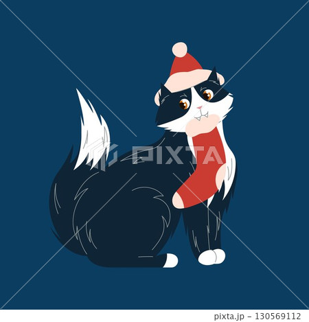 Cute black and white cat wearing a santa hat holding a red Christmas stocking in its mouth on a blue background festive holiday flat style. 130569112