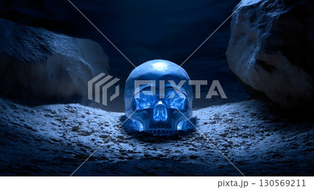 Glowing blue crystal skull in a dark cave 130569211