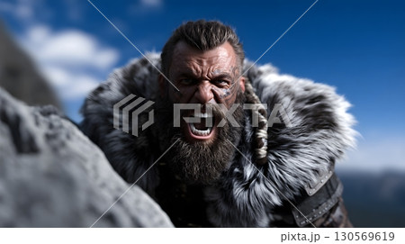 Fierce Viking warrior roaring on a mountaintop in an epic action scene 130569619
