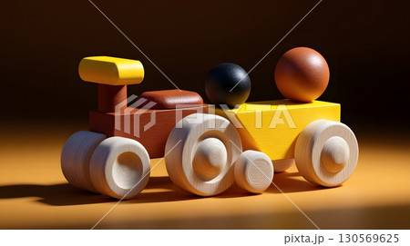 Vintage wooden toy truck with geometric shapes and warm tones 130569625