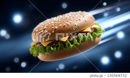 Cheeseburger spaceship flying through stars 130569732