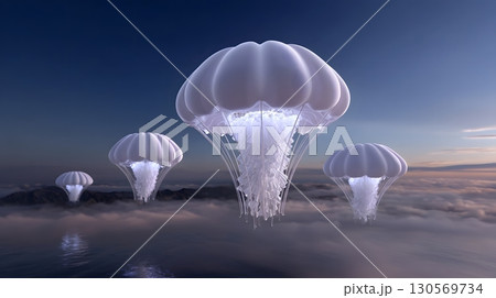 Ethereal jellyfish-shaped air balloons float over the ocean at sunset. 130569734