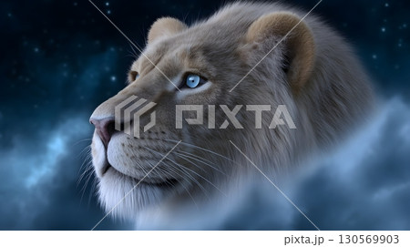Majestic cosmic lion portrait against a nebula backdrop Majestic cosmic lion portrait against a nebula backdrop 130569903