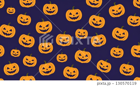 Spooky Halloween seamless pattern with orange pumpkin faces and evil decorations for a fun October celebration 130570119