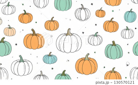 Spooky Halloween seamless pattern with orange pumpkin faces and evil decorations for a fun October celebration 130570121