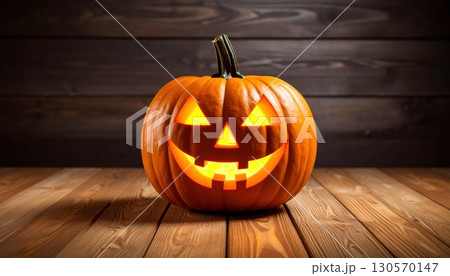 An eerie carved pumpkin with a spooky face smiles, glowing in the autumn light on a rustic wooden table An eerie carved pumpkin with a spooky face smiles, glowing in the autumn light on a rustic wooden table 130570147
