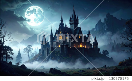Medieval European gothic cathedral and castle towers at night in the old town of Prague 130570176