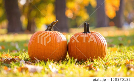 October brings a vibrant pumpkin harvest, with a large orange squash resting on the autumn grass among fallen leaves October brings a vibrant pumpkin harvest, with a large orange squash resting on the autumn grass among fallen leaves 130570182