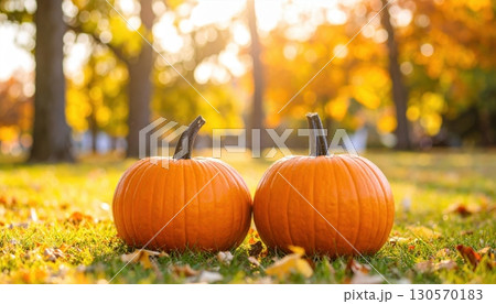 October brings a vibrant pumpkin harvest, with a large orange squash resting on the autumn grass among fallen leaves October brings a vibrant pumpkin harvest, with a large orange squash resting on the autumn grass among fallen leaves 130570183