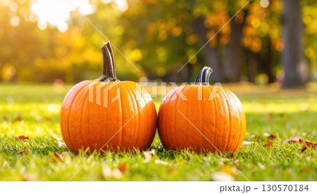 October brings a vibrant pumpkin harvest, with a large orange squash resting on the autumn grass among fallen leaves October brings a vibrant pumpkin harvest, with a large orange squash resting on the autumn grass among fallen leaves 130570184